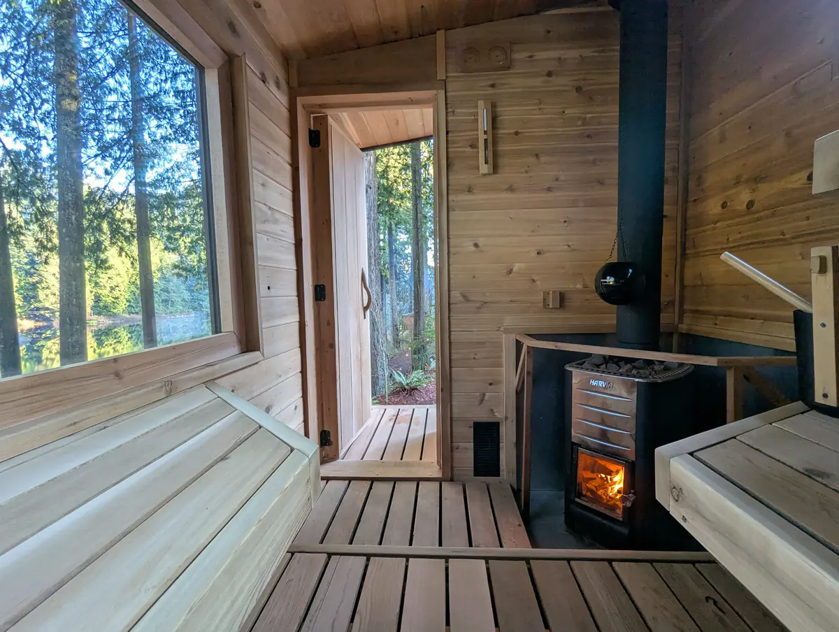 Mobile Finnish sauna at scenic BC waterfront location